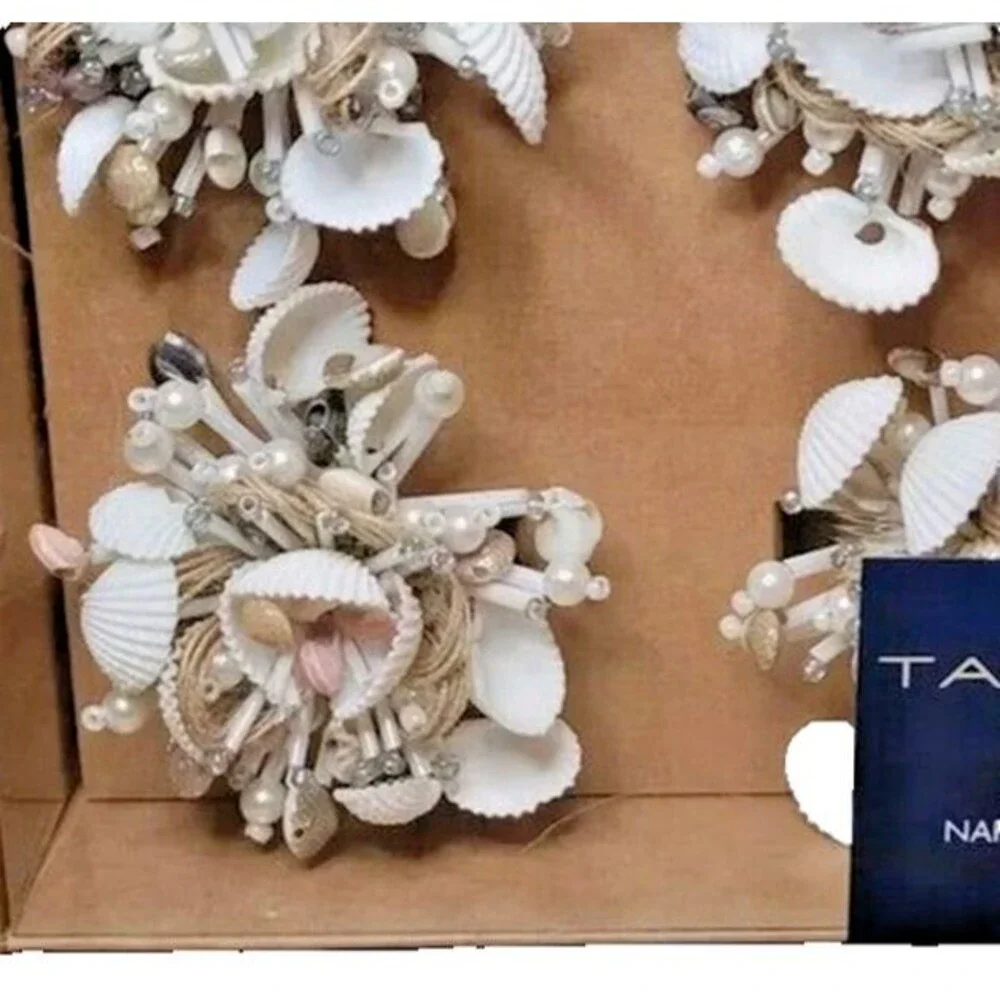 Tahari Home Napkin Rings Shells Pearls Summer Nautical Coastal White Set Of 4